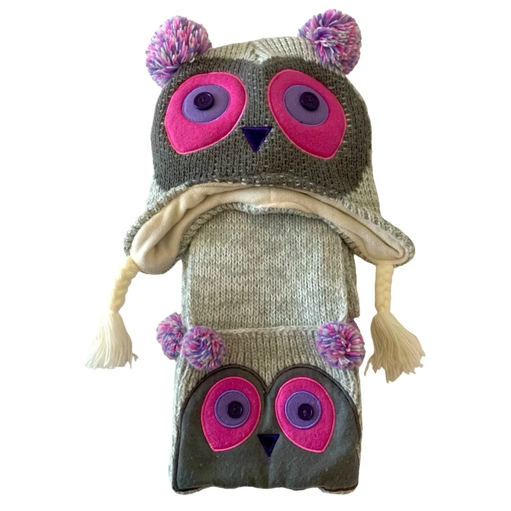 Kids Knit Owl Beanie Hat With Matching Pocket Scarf Gray and Pink